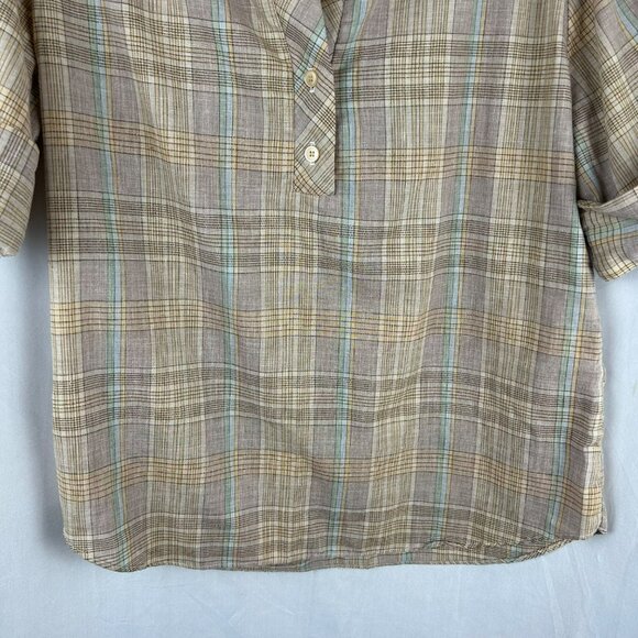 Vintage 80s Carousel Plaid Shirt Women Large Brown Popover Short Sleeve Retro - Picture 5 of 7